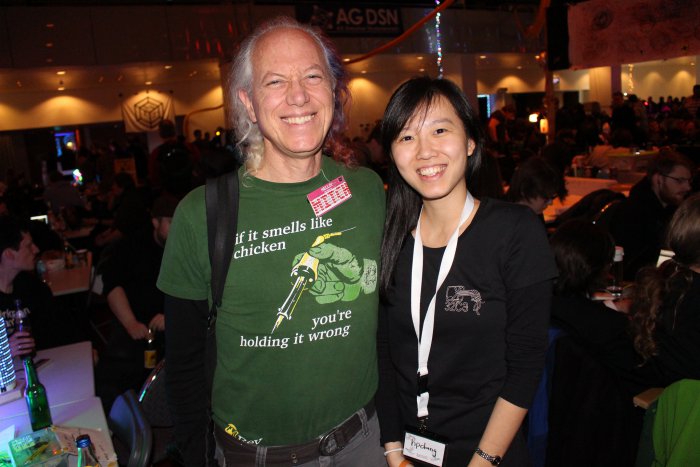 Mitch Altman at Chaos Communication Congress 32C3 with Hong Phuc Dang from FOSSASIA