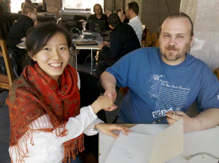 Hong Phuc Dang and Sirko Kemter discussing Inkscape at Libre Graphics Meeting 2013